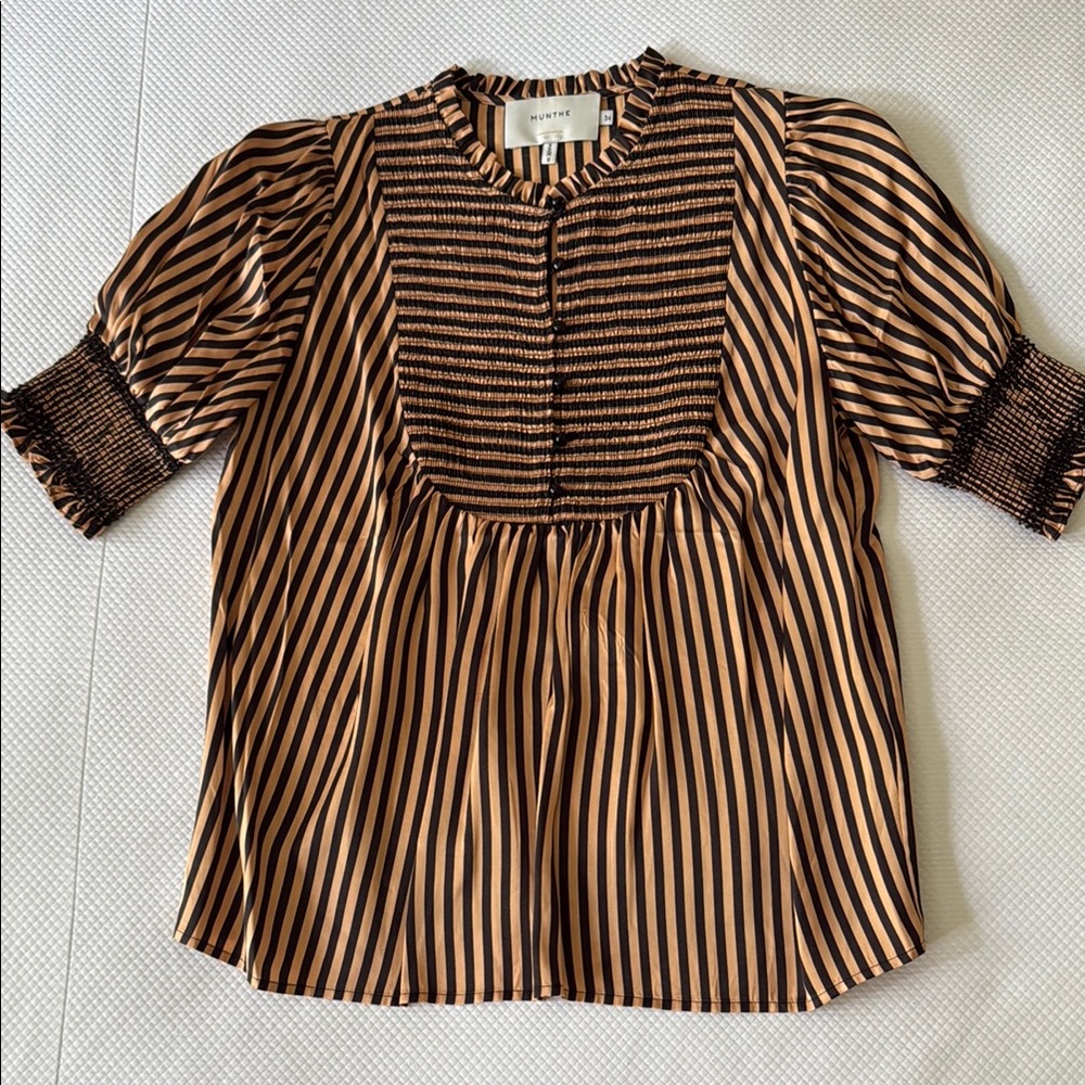 Black & Gold Blouse with Short Sleeves and Bib Collar